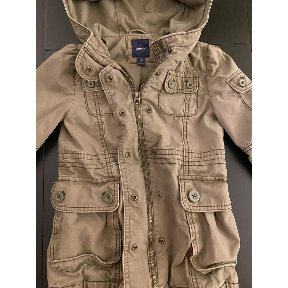 GAP Kids Hooded Military Utility Jacket Small (6-7) Olive Full Zip 100% Cotton‎
